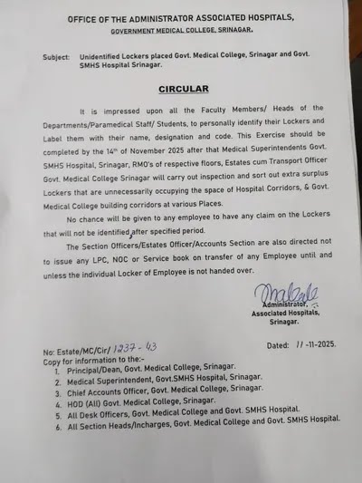 GMC Srinagar directs faculty and staff to identify lockers by November 14