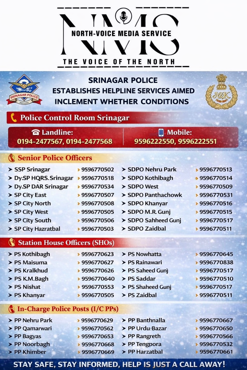 Srinagar Police Establishes Helpline Services Amid Inclement Weather Conditions